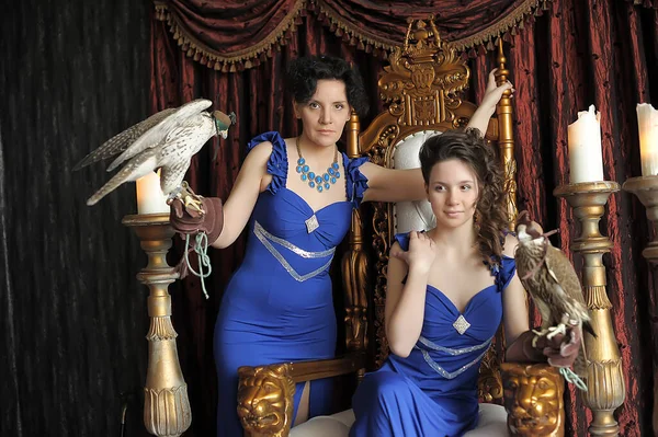 Dvě Brunetky Ženy Princezna Královna Modrých Šatech Sokolem Trůně — Stock fotografie