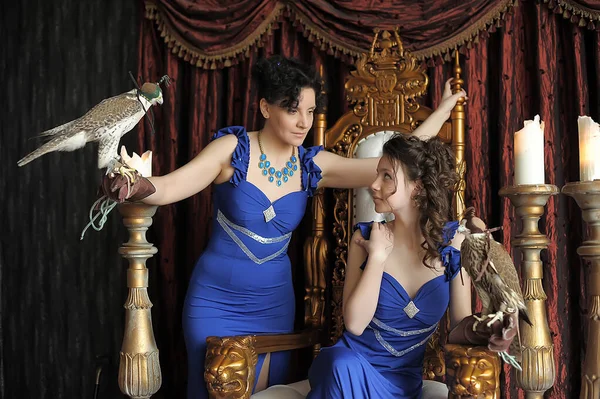 Dwie Brunetki Księżniczka Królowa Niebieskiej Sukience Sokołem Tronie — Zdjęcie stockowe