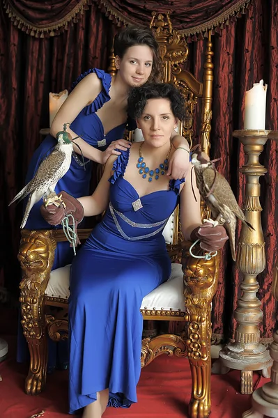 Dos Mujeres Morenas Princesa Reina Vestido Azul Con Halcón Trono — Foto de Stock