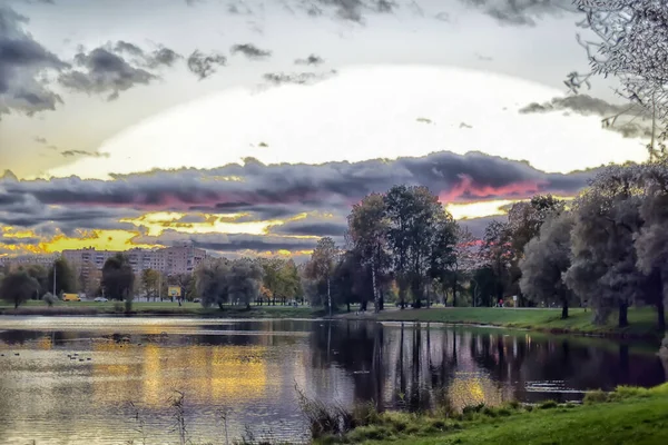 夏日公园池塘上的紫色落日 — 图库照片