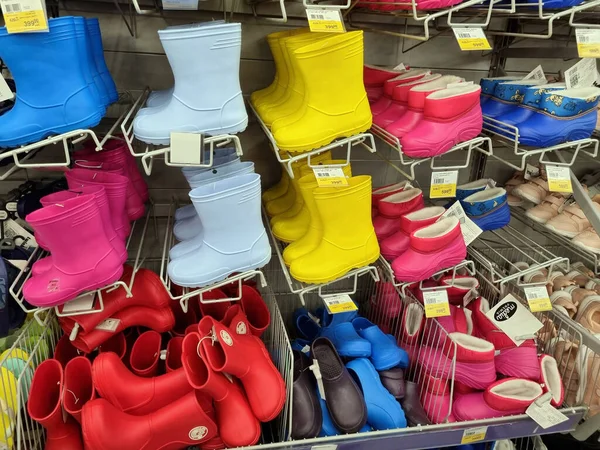 Russia Petersburg 2021 Bright Children Rubber Boots Sale Supermarket — Stock Photo, Image