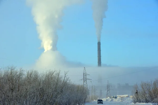 Rusko Vorkuta 2021 Potrubí Kouř Doly Vorkuta Zimě — Stock fotografie