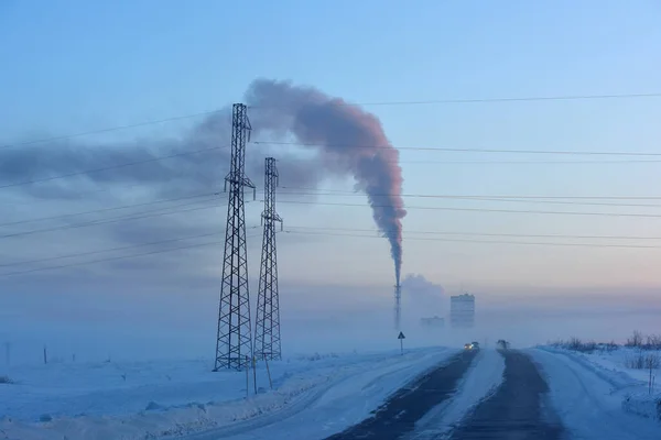 Rusya Vorkuta 2021 Boru Duman Kışın Vorkuta Madenleri — Stok fotoğraf