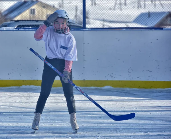 Russia Kechevo 2021 Playing Ice Hockey Outdoor Ice Rink — Stock Photo, Image