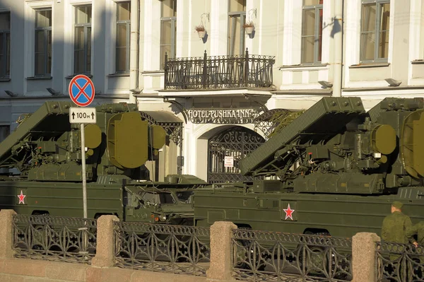 Rusko Petrohrad 2016 Vojenská Vozidla Vybavení Přípravě Průvod Vítězství — Stock fotografie