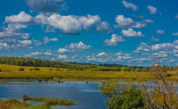 Clouds Lake Field Autumn Landscape — Stock Photo, Image