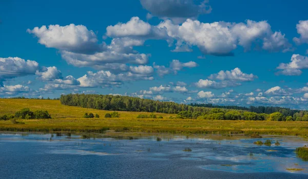 Nuages Sur Lac Champ Automne Paysage — Photo