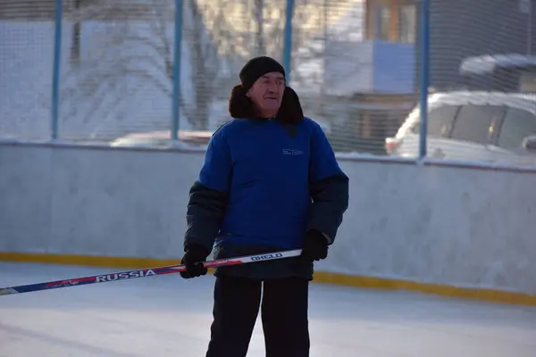 Russia Petersburg 2021 Playing Ice Hockey Outdoor Ice Rink — Stock Photo, Image