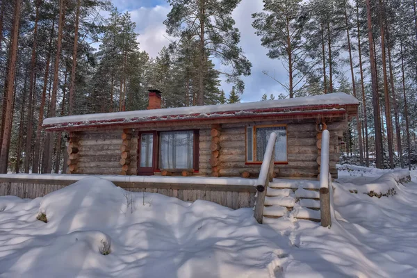 Wooden Cabin Log House Pine Forest Winter Landscape —  Fotos de Stock