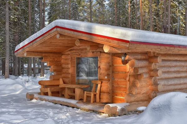 Wooden Cabin Log House Pine Forest Winter Landscape — Stockfoto