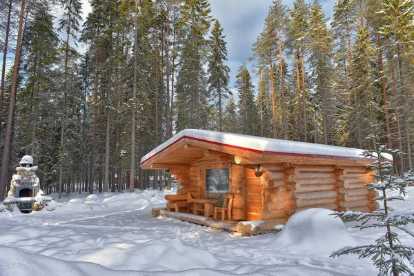 Wooden Cabin Log House Pine Forest Winter Landscape — Stock Photo, Image