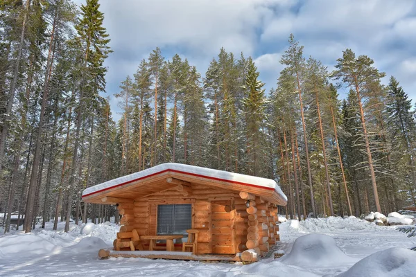 Wooden Cabin Log House Pine Forest Winter Landscape — Stockfoto