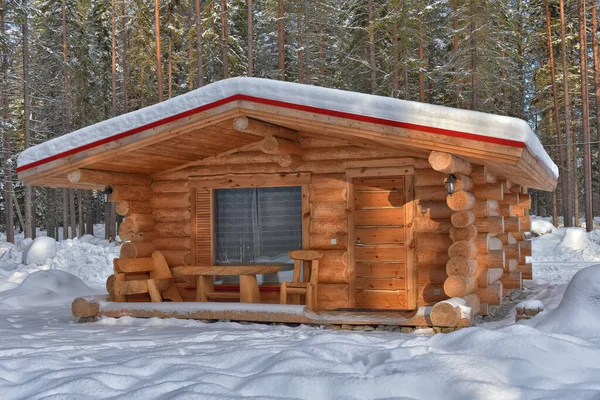 Wooden Cabin Log House Pine Forest Winter Landscape — Stok fotoğraf