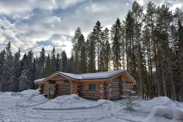 Wooden Cabin Log House Pine Forest Winter Landscape — Photo