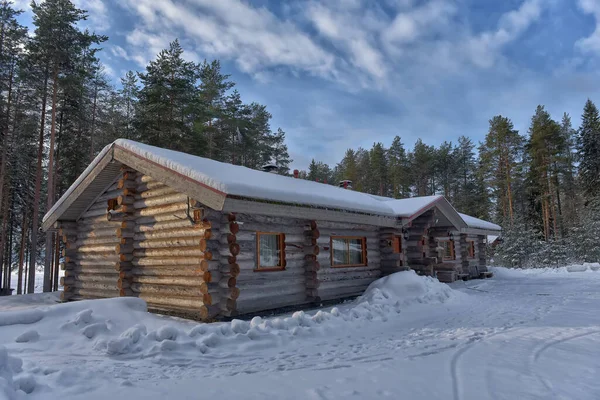 Wooden Cabin Log House Pine Forest Winter Landscape — Stockfoto