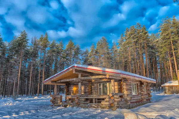 Wooden Cabin Log House Pine Forest Winter Landscape — Stockfoto