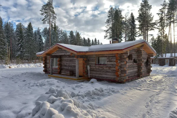 Wooden Cabin Log House Pine Forest Winter Landscape — Foto de Stock