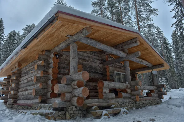 Wooden Cabin Log House Pine Forest Winter Landscape — Photo