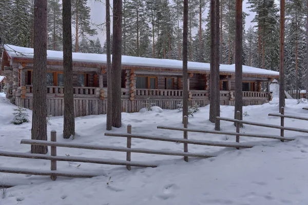 Wooden Cabin Log House Pine Forest Winter Landscape — Stock Photo, Image