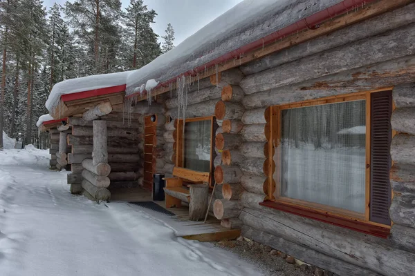 Wooden Cabin Log House Pine Forest Winter Landscape — Foto Stock