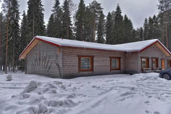 Wooden Cabin Log House Pine Forest Winter Landscape — Zdjęcie stockowe