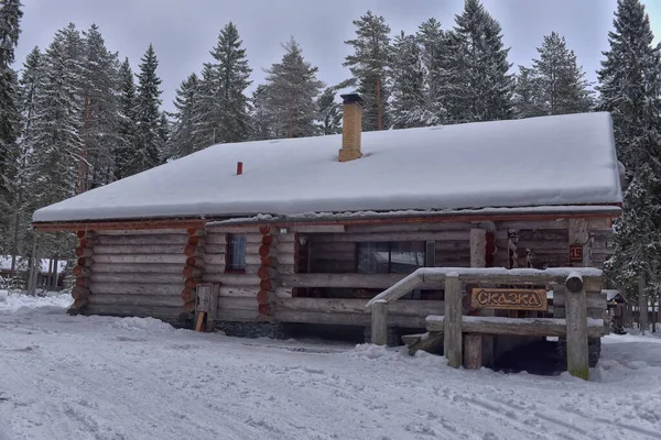 Wooden Cabin Log House Pine Forest Winter Landscape — Photo