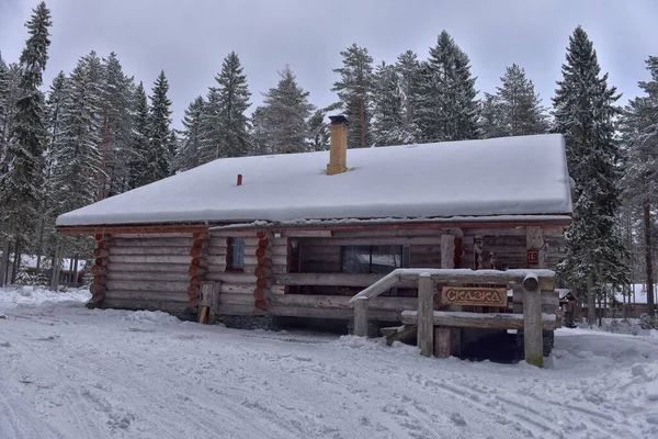 Wooden Cabin Log House Pine Forest Winter Landscape — Photo