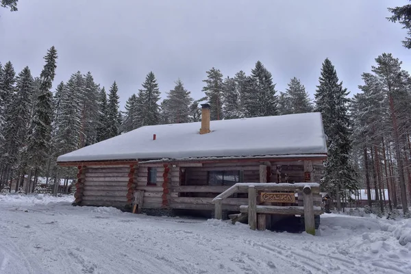 Wooden Cabin Log House Pine Forest Winter Landscape — Photo