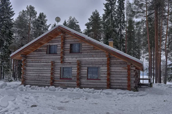 Wooden Cabin Log House Pine Forest Winter Landscape — ストック写真