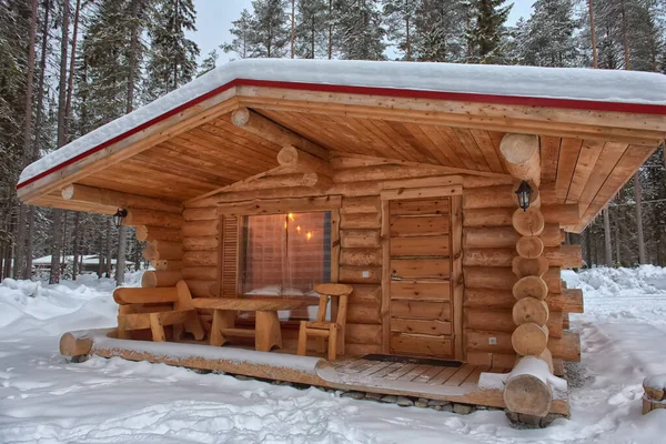 Wooden Cabin Log House Pine Forest Winter Landscape — Stock Photo, Image