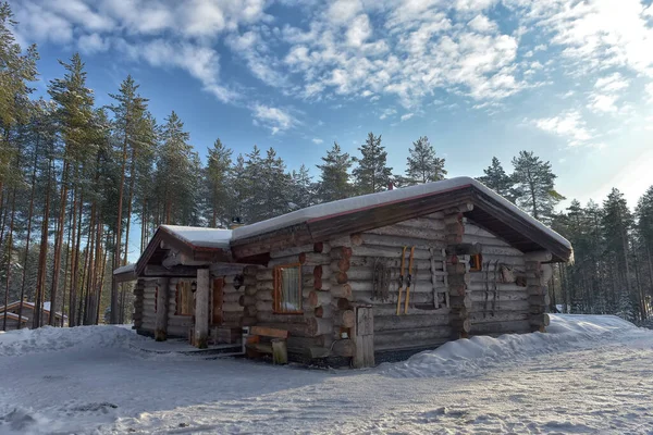 Wooden Cabin Log House Pine Forest Winter Landscape — Photo