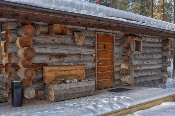 Wooden Cabin Log House Pine Forest Winter Landscape — Photo