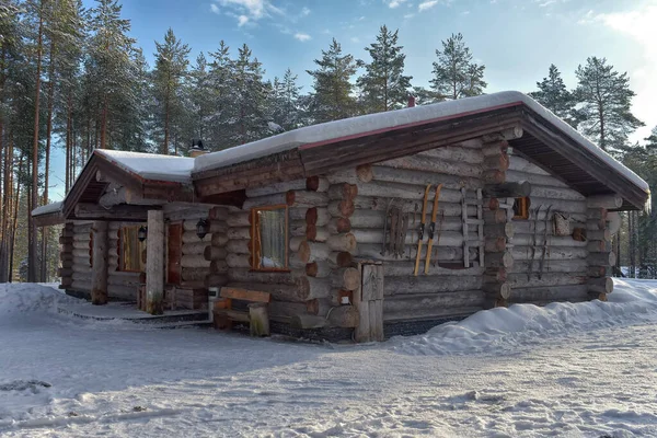 Wooden Cabin Log House Pine Forest Winter Landscape — Photo