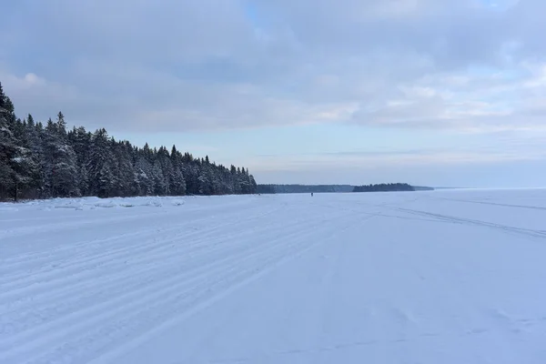 Lago Onega Inverno Coberto Com Neve Gelo — Fotografia de Stock