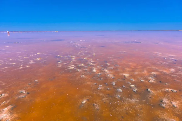 ピンク色の塩で塩湖と雲と青空 クリミア半島のサシュク シバシュピンク色の塩湖 夏の風景 — ストック写真