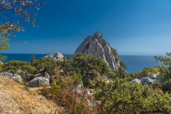 Plajdaki Rock Diva Dağlık Yamaçlı Güzel Karadeniz Manzarası Kırım Simeiz — Stok fotoğraf