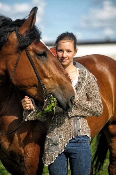 茶色の馬と美しい若い十代の少女 — ストック写真