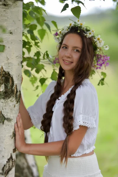 Mädchen mit Zöpfen und Gänseblümchen im Haar. — Stockfoto