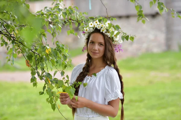 Dziewczyna z warkoczami i stokrotki we włosach. — Zdjęcie stockowe