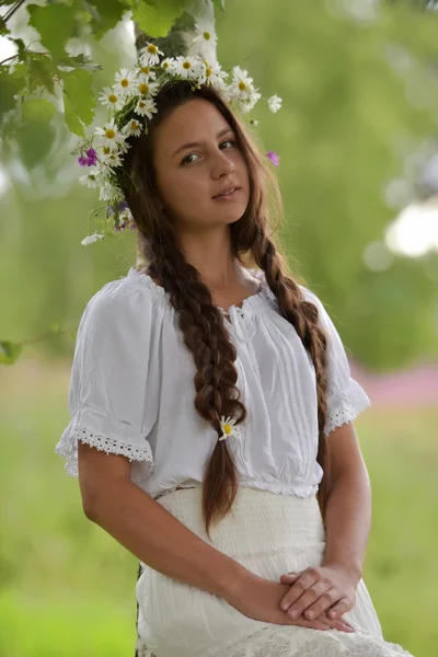 Girl with braids and daisies in her hair. — Stock Photo, Image