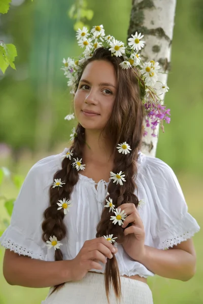 Lány fonatokkal és százszorszépekkel a hajában. — Stock Fotó