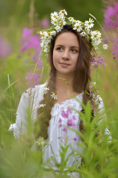 Dívka s copánky a sedmikráskami ve vlasech. — Stock fotografie