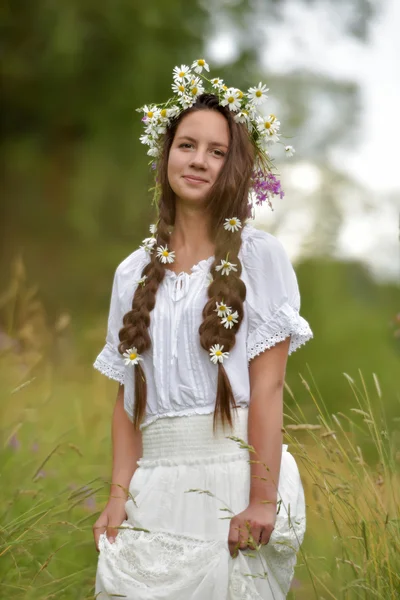 Dívka s copánky a sedmikráskami ve vlasech. — Stock fotografie