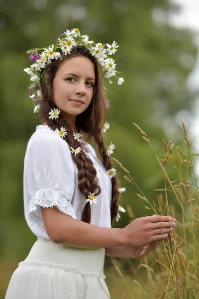 Fata cu împletituri și margarete în părul ei . — Fotografie, imagine de stoc