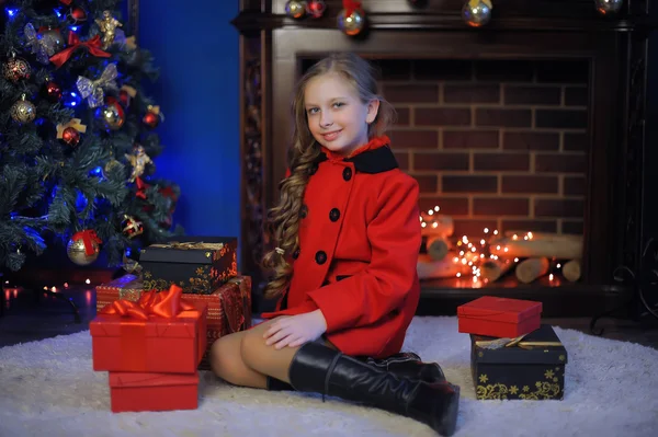 Girl Red Coat Christmas — Stock Photo, Image