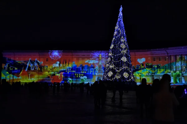 Lichtshow Auf Dem Palastplatz Der Silvesternacht Sankt Petersburg Russi — Stockfoto