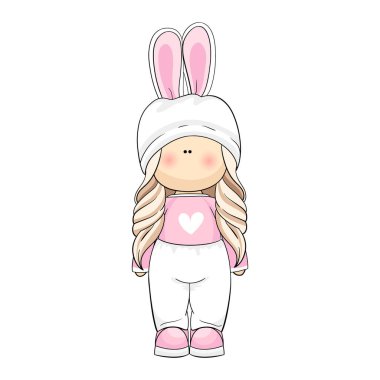 Tavşan kostümlü bir oyuncak bebek.