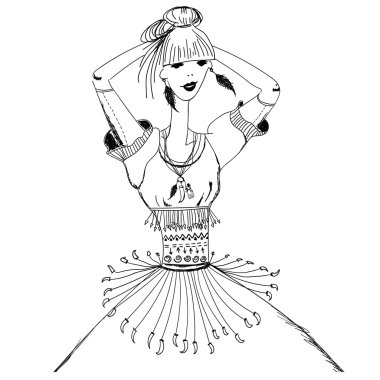 Sketch girl in tribal dress. Boho and gypsy style.  Linear pattern on a white background.  For t-shirts print, phone case, posters, bag print, cup print, girls diary or notepad cover .Line drawing