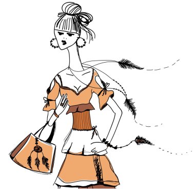 The girl in Gypsy dress. Boho style.  Linear pattern on a white background.  For t-shirts print, phone case, posters, bag print, cup print, girls diary or notepad cover .Line drawing festive. Vector