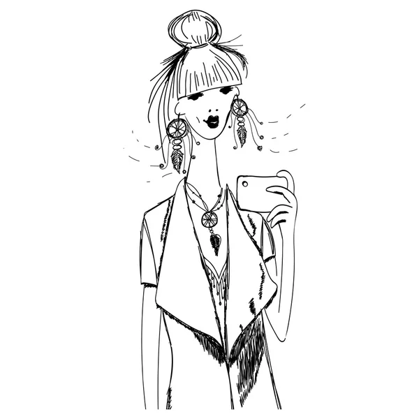 Sketch Young fashion woman in boho style with phone doing selfie. For t-shirts print, phone case, posters, bag print, cup print or notepad cover — ストックベクタ